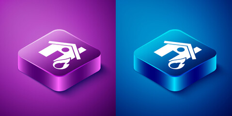 Isometric Fire in burning house icon isolated on blue and purple background. Square button. Vector