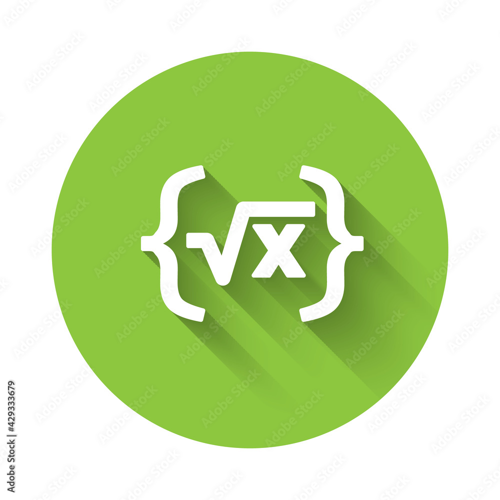 Poster white square root of x glyph icon isolated with long shadow. mathematical expression. green circle b