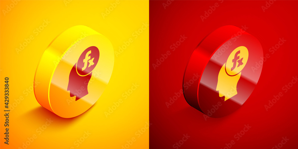 Poster isometric function mathematical symbol icon isolated on orange and red background. circle button. ve