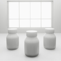 white medicine bottles with the window background