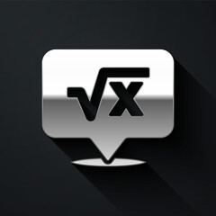 Silver Square root of x glyph icon isolated on black background. Mathematical expression. Long shadow style. Vector