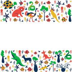 Frame with Australian wild animal and colorful tree, vector cartoon illustration, travel background with mammal koala, kakadu, snake, kangaroo, crocodile, fish, decorative banner for design zoo