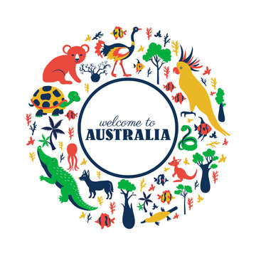 Round frame with Australian wild animal and colorful tree, vector cartoon illustration, travel background with mammal koala, kakadu, snake, kangaroo, crocodile, fish decorative texture for design zoo
