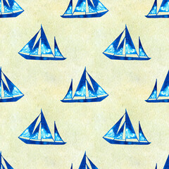 Samless pattern of watercolor illustrations with blue silhouette of sails.