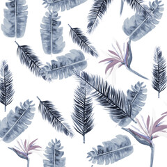 Gray Pattern Painting. Navy Tropical Exotic. Cobalt Floral Illustration. Azure Flora Plant. Blue Decoration Textile. White Wallpaper Hibiscus. Indigo Spring Leaf.