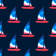 Samless pattern of watercolor illustrations with blue silhouette of sails.