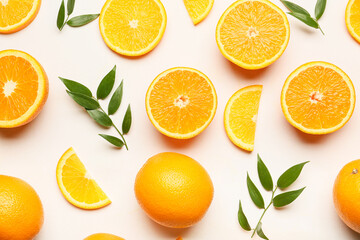Fototapeta na wymiar Fresh oranges with green leaves on white background