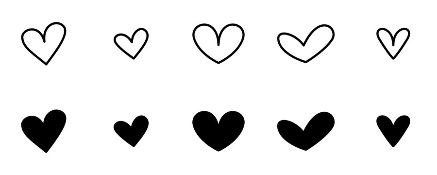 Coraz&oacute;n. Conjunto de corazones negros de diferentes estilos, l&iacute;neas negras y con relleno. Ilustraci&oacute;n vectorial aislada en fondo blanco.