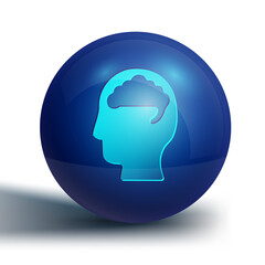 Blue Human brain icon isolated on white background. Blue circle button. Vector