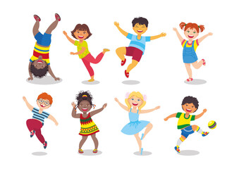 Set of happy childrens cartoon characters of different nationalities smiling and performing different actions. Vector illustration, kids, design elements, symbols, logo, mascot, concept