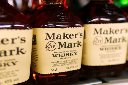Tyumen, Russia-april 21, 2021: Makers Mark, a popular Kentucky straight bourbon whisky, on a retail store shelf.