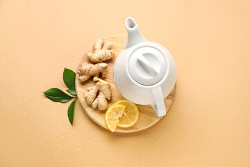 Composition with teapot of tasty ginger tea on color background