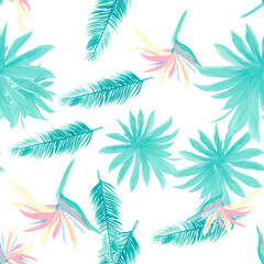 Fototapeta na wymiar Indigo Pattern Textile. Azure Seamless Leaf. Blue Tropical Art. Navy Flower Palm. Cobalt Floral Plant. Wallpaper Botanical. Decoration Illustration.