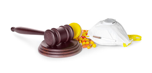 Judge gavel, mask and drugs on white background. Concept of health care reform