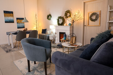 Interior of modern room decorated for Christmas