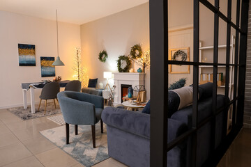 Interior of modern room decorated for Christmas