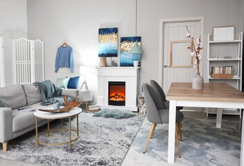 Interior of modern room with fireplace