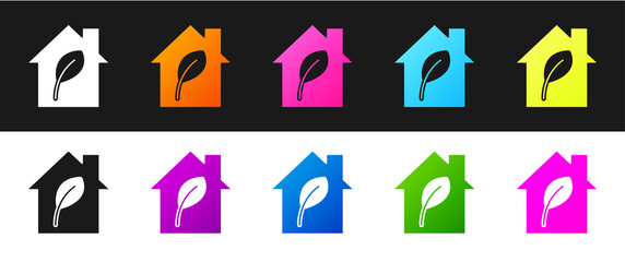 Set Eco friendly house icon isolated on black and white background. Eco house with leaf. Vector