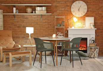 Interior of modern room with fireplace