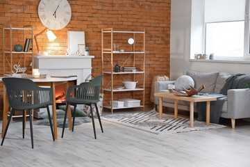 Interior of modern room with fireplace