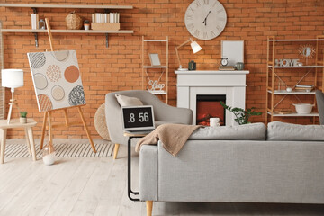 Interior of modern room with fireplace