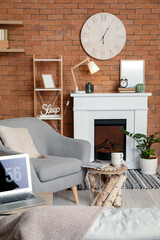 Interior of modern room with fireplace