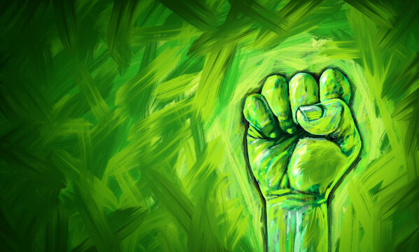 Ecological justice abstract concept as a fist painted in diverse green colors fighting for the environment and environmental and ecological equal rights and conservation social fairness