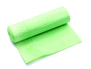 Roll of garbage bags on white background