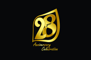 28 year anniversary gold color minimalist logo with golden leaf line jubilee, greeting card. Birthday invitation sign. Gold space vector illustration on Black background - Vector