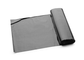 Roll of garbage bags on white background