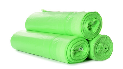Rolls of garbage bags on white background