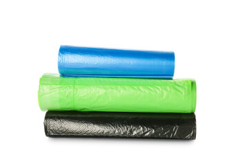 Different rolls of garbage bags on white background
