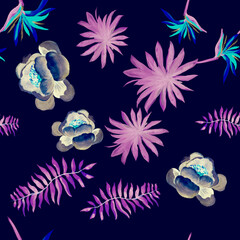 Cobalt Tropical Textile. Violet Seamless Exotic. Indigo Pattern Nature. Navy Drawing Design. Purple Floral Palm. Blue Decoration Texture. Decoration Palm.