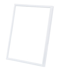 Vertical standing empty photo frame with white thin plastic border isolated on white background