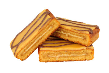 Caramel flavour sponge cake slices topped with salted caramel icing isolated on a white background