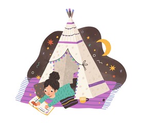 Child reading book in homemade teepee. Girl with storybook in home tent or hut. Kid resting on blanket and cushions in tipi. Colored flat vector illustration isolated on white background © Good Studio
