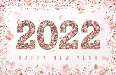 Happy New Year 2022 Banner with glowing Rose Gold Numbers on white background with geometric frame confetti and flying foil paper. Vector illustration for design