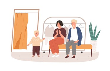 Parents and kid choosing and buying apparel in clothes store. Mother and father preparing their child for school, shopping in mall. Colored flat vector illustration isolated on white background