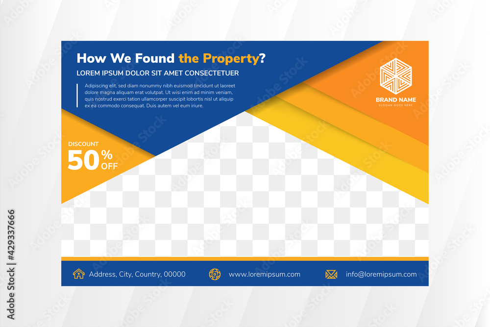 Poster abstract flyer design template for property program with blue background and orange gradient of elem
