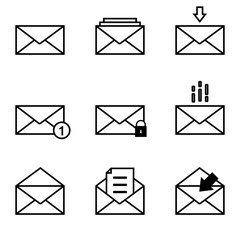 Conjunto de iconos de correos electrónicos estilo línea, negro