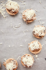 Semicircle with baskets of French food - julienne. Cooking at home restaurant food in quarantine