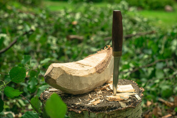 Cutting out a piece of wood with your own hands, a knife is stuck next to it