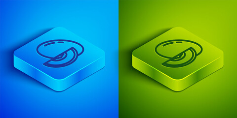 Isometric line Melon fruit icon isolated on blue and green background. Square button. Vector