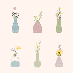 Set of beautiful stylish stickers with bouquet of flowers in vases Vector