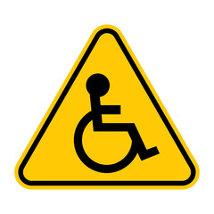 Caution disabled. Vector illustration of yellow triangle warning sign with handicapped icon inside. Man in wheelchair symbol. Attention.