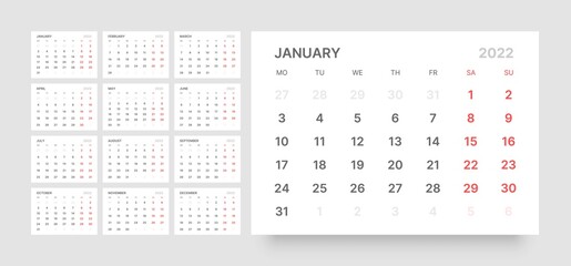 Monthly calendar for 2022 year. Week Starts on Monday.