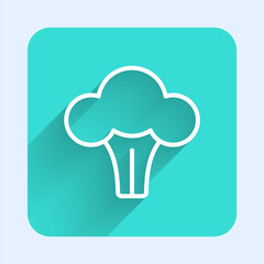 White line Broccoli icon isolated with long shadow. Green square button. Vector