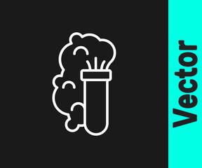 White line Chemical experiment, explosion in the flask icon isolated on black background. Chemical explosion in a test tube. Vector