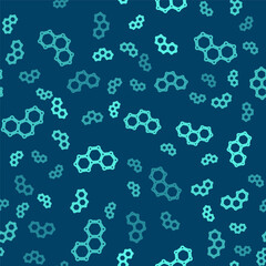 Green line Chemical formula icon isolated seamless pattern on blue background. Abstract hexagon for innovation medicine, health, research and science. Vector