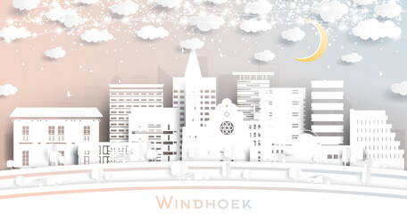 Windhoek Namibia City Skyline in Paper Cut Style with Snowflakes, Moon and Neon Garland.